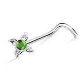 Green Stone Leaf Silver Curved Nose Stud NSKB-673